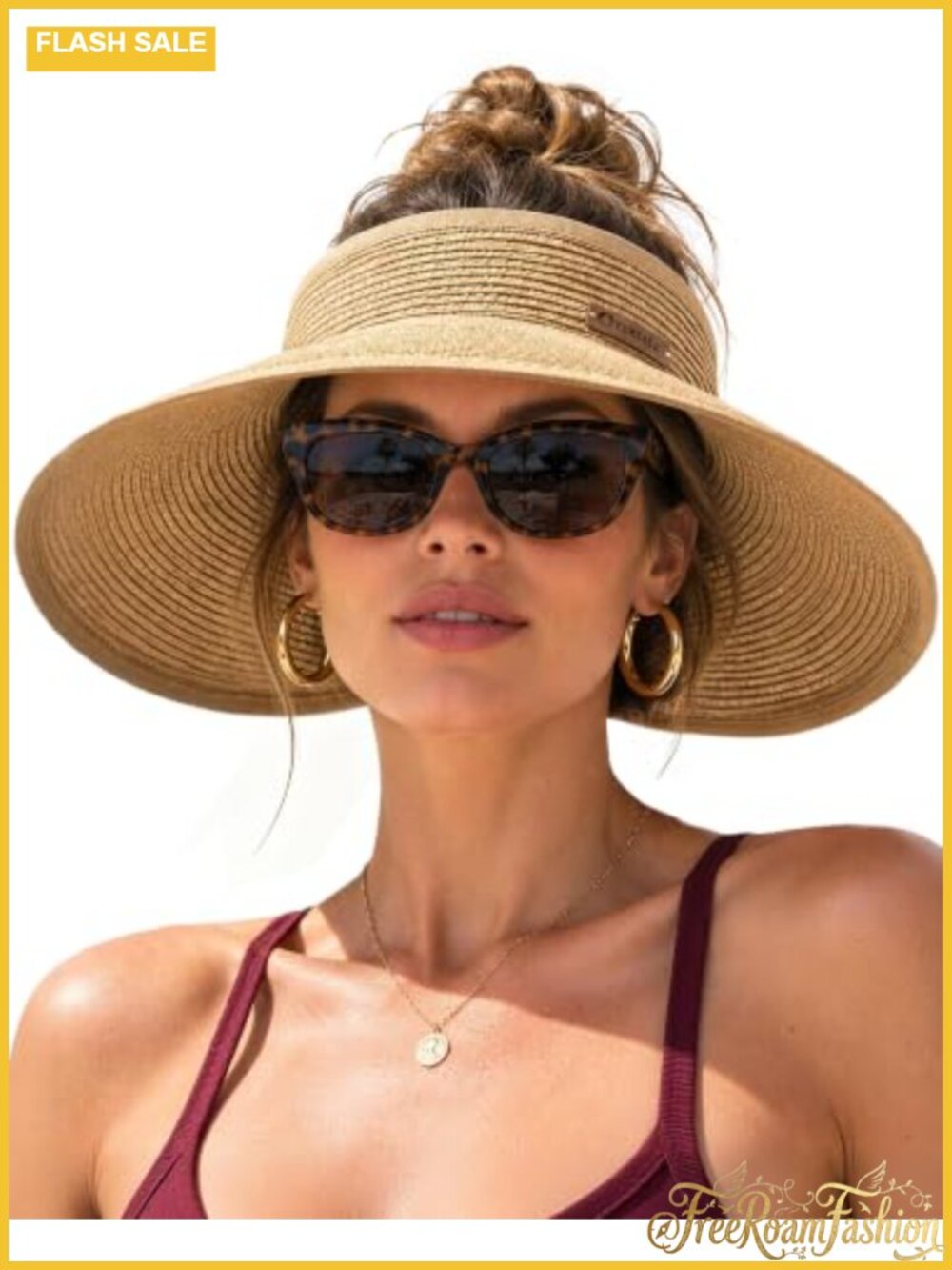 FURTALK Womens Wide Brim Straw Sun Visor Hat Ponytail Hole Foldable Beach